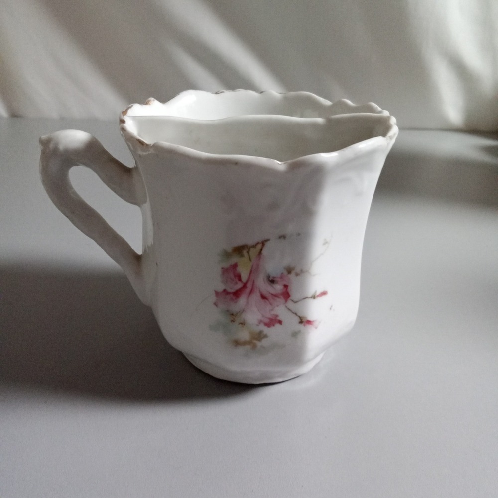 Antique Porcelain Shaving Scuttle Mug Pink Floral Gold Trim Victorian Barber
